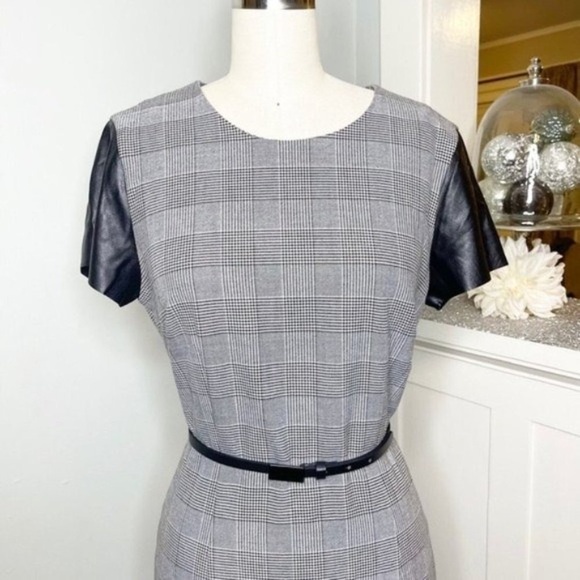 Calvin Klein Glen Plaid Faux Leather Sheath Dress 8 Medium - Picture 4 of 10
